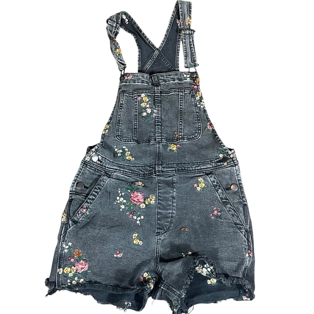 Driftwood Shortalls Womens S Grey Floral Embroidered Denim Raw Hem Overalls - Picture 2 of 8